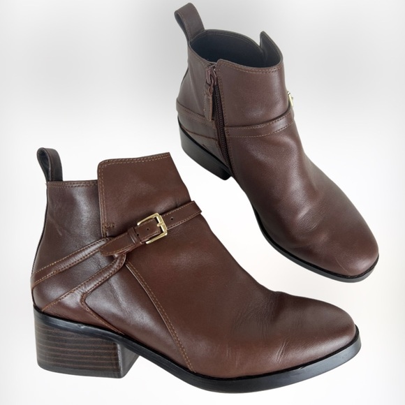 Cole Haan Etta II Brown Leather Ankle Booties Block Heel 5.5 - Picture 1 of 12